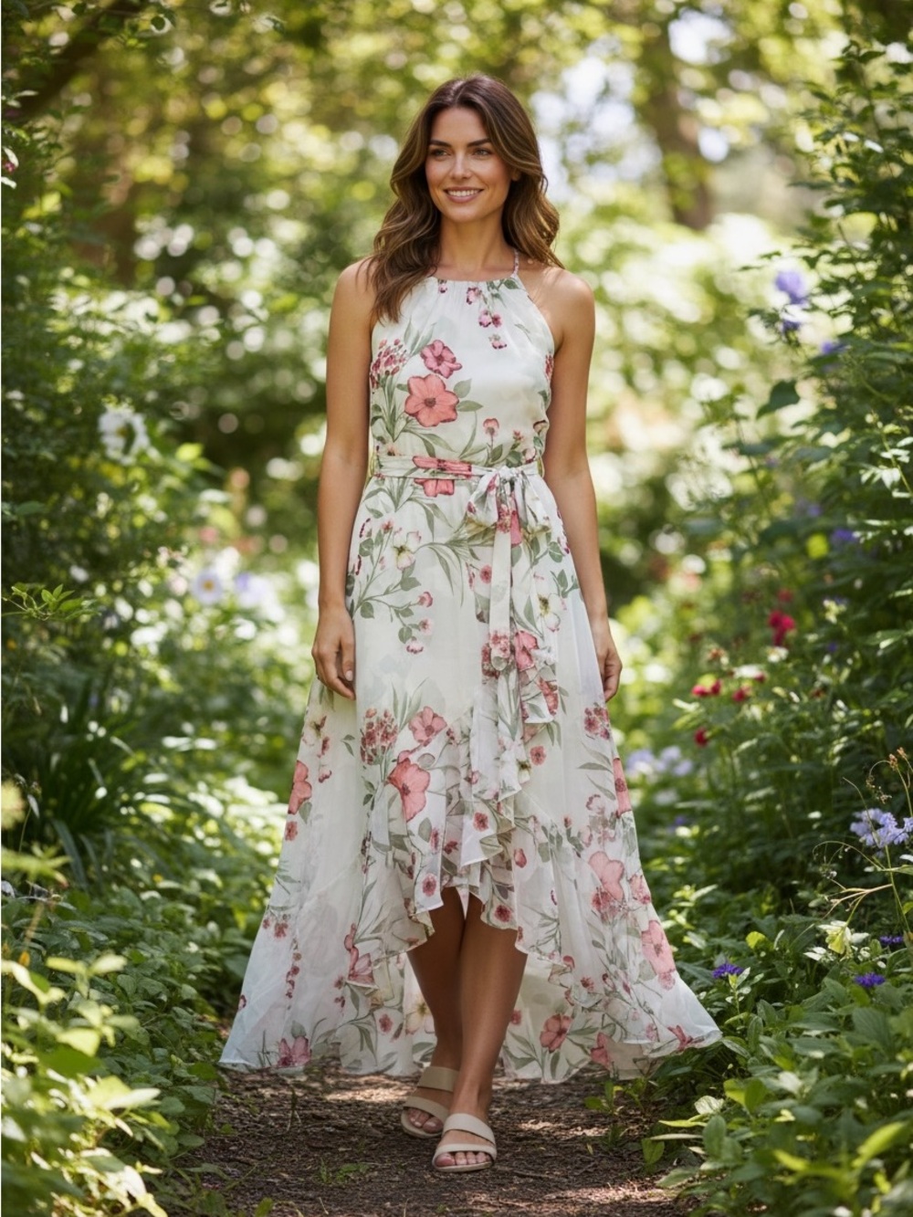 Floral Halter Midi Dress in Pastel Green with Pink Blooms
